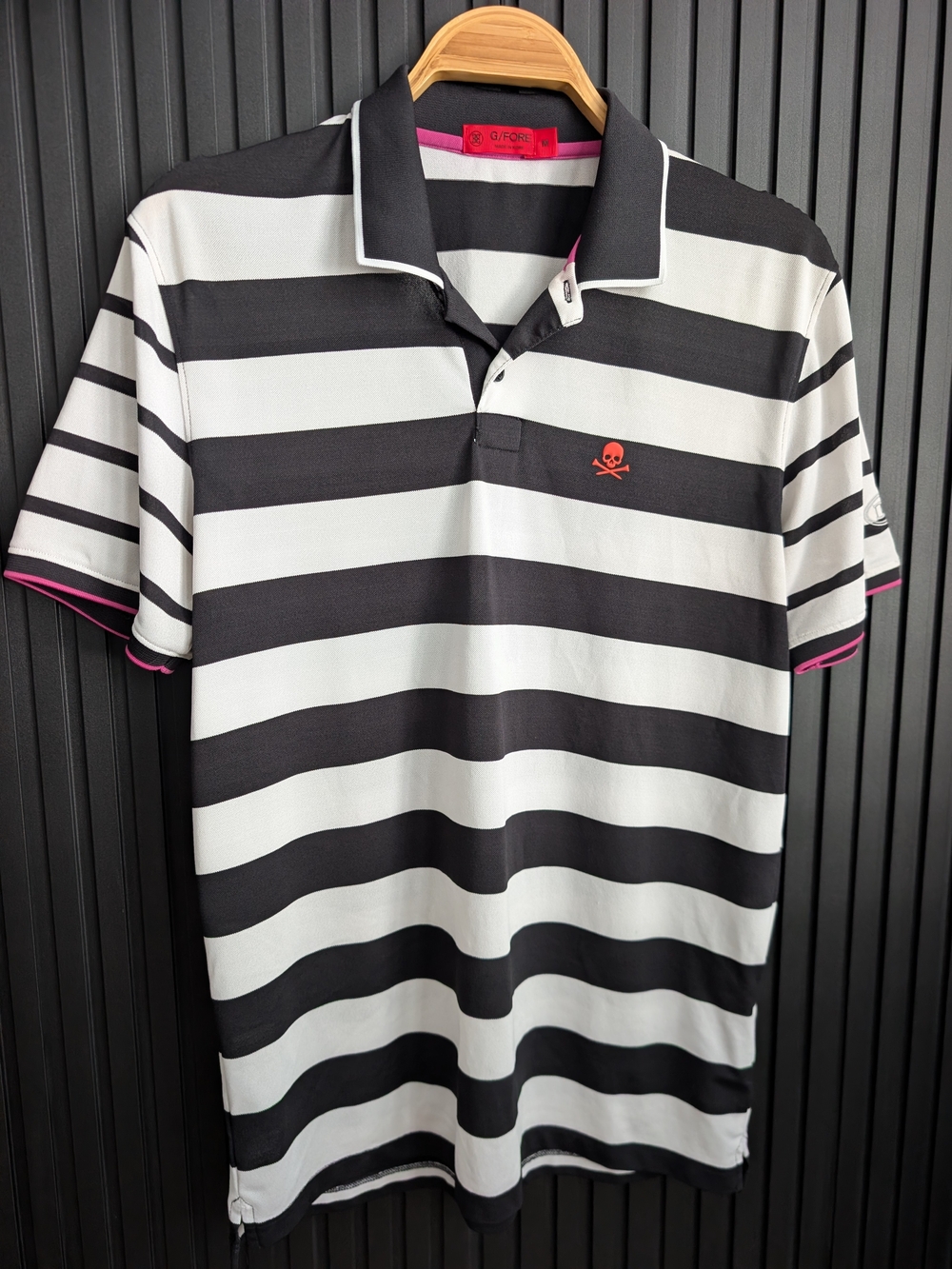 G/FORE Men’s Skull Stripe Tech Jersey Golf Polo Black White Medium
